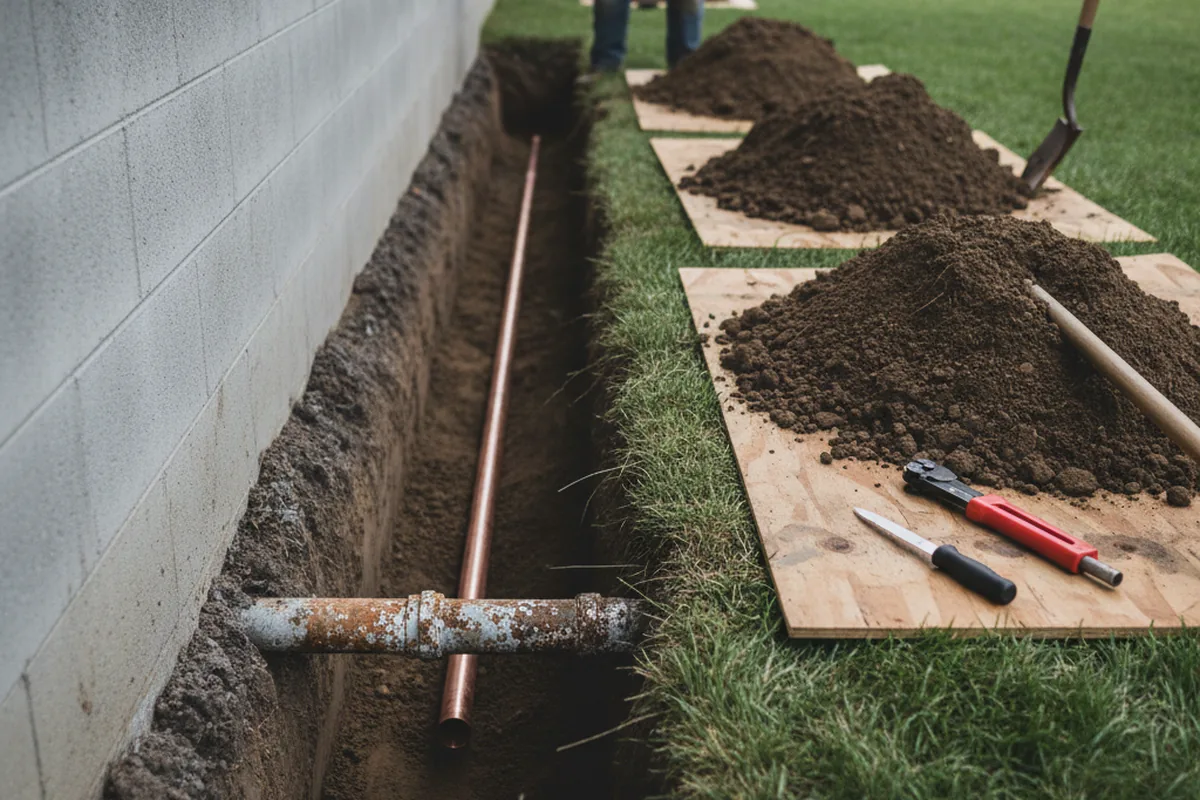 Excavated water line trench during Sewer Line Repair in Mc Louth